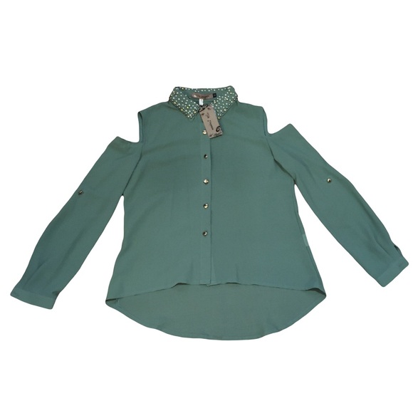 The Hamper Tops - The Hanger SMALL Teal shirt top blouse Jeweled collar Buttons Long Open shoulder